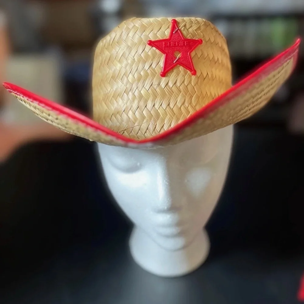Set of 3 Straw Cowboy Hats for Kids - Sheriff Costume Red and Blue - Picture 9 of 10
